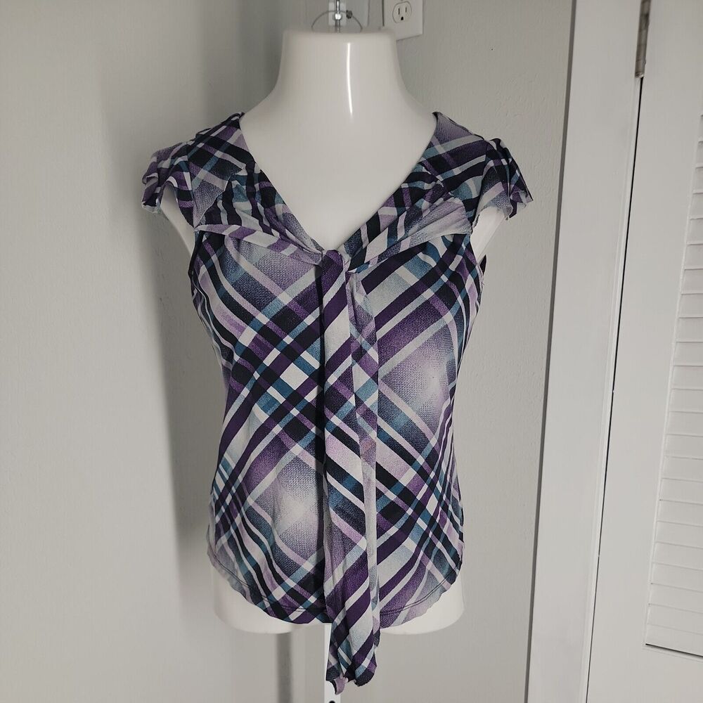 Worthington Petite V-Neck Blouse Shirt ~ Sz PM ~ Purple & Blue ~ Short Sleeve